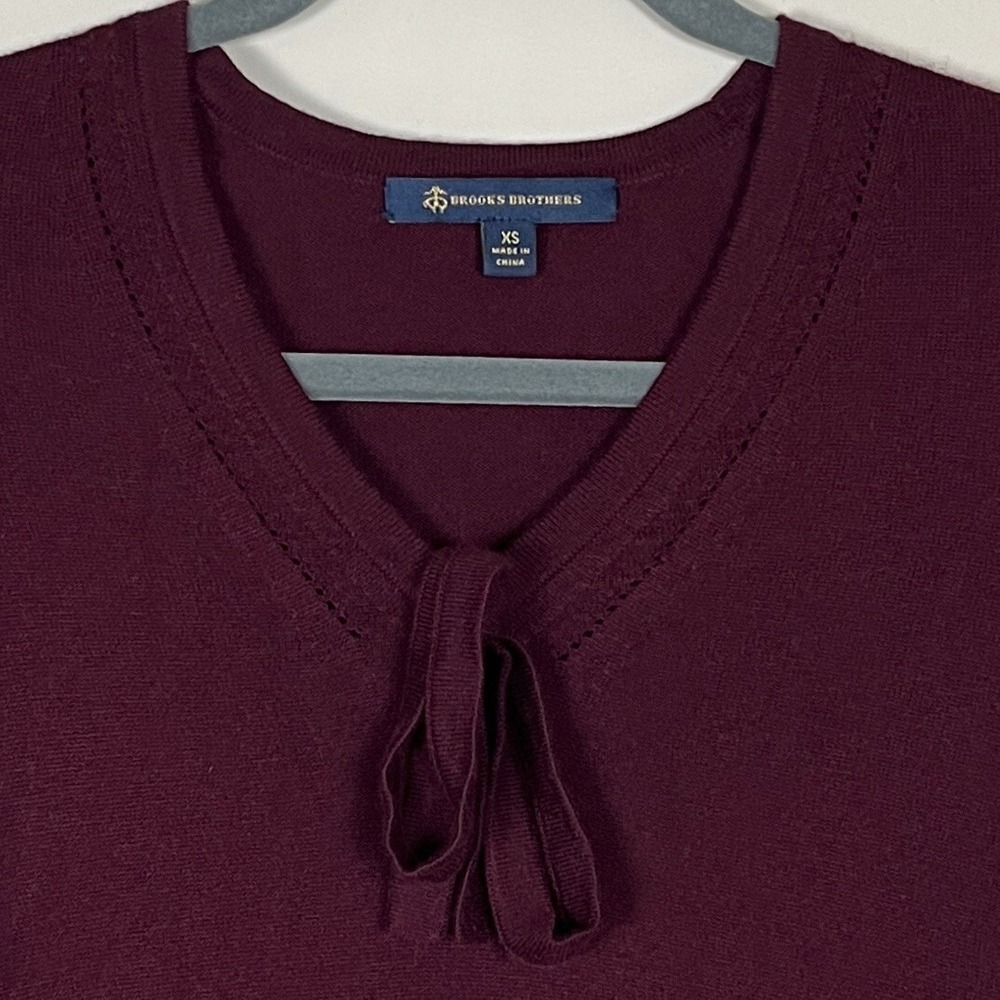 Brooks Brothers V Neck Bow Sweater Women's Wool‎ Blend Ribbed Ruffle Trim XS